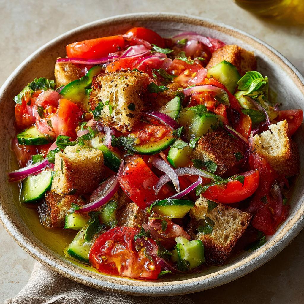 Plat à l’italienne avec pain humide, tomates, oignon et basilic, dans l’esprit rustique toscan.
