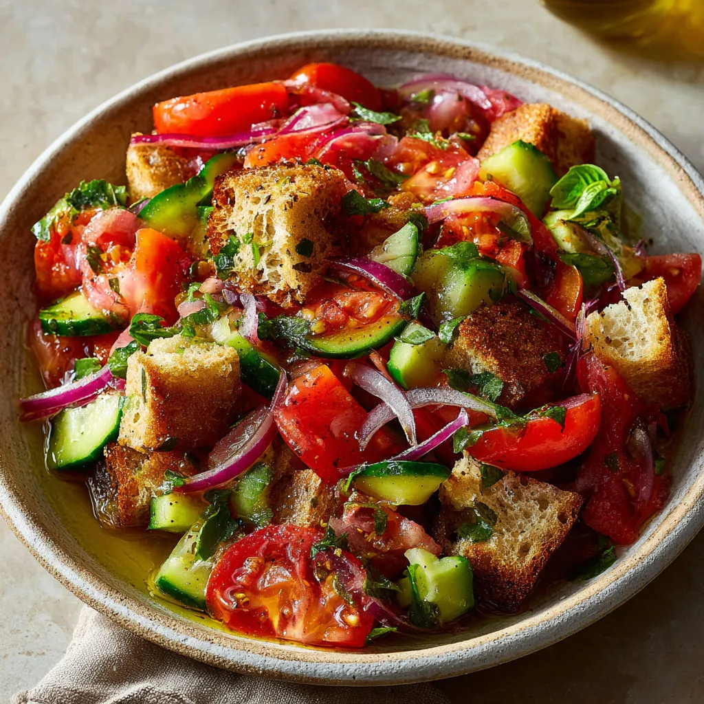 Plat à l’italienne avec pain humide, tomates, oignon et basilic, dans l’esprit rustique toscan.