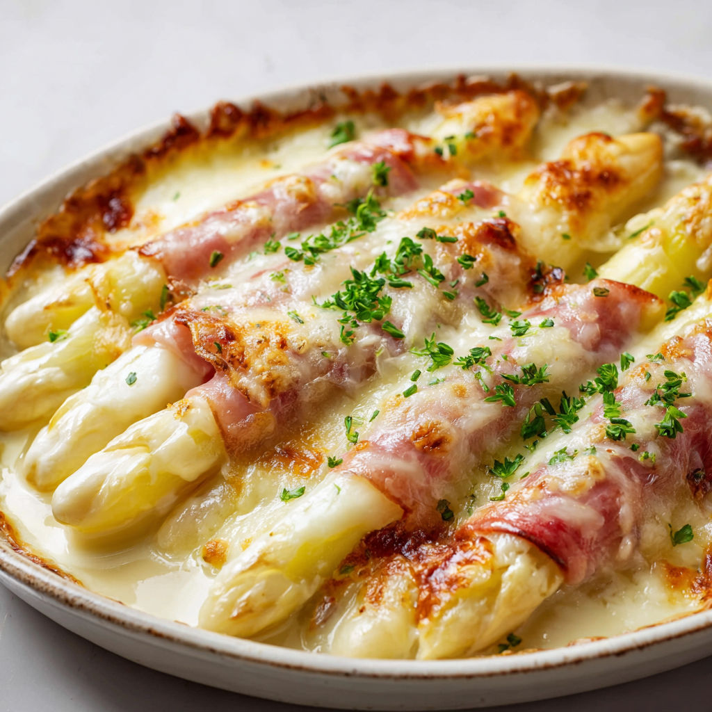 Gratin d’asperges blanches au jambon et béchamel avec gruyère fondant.
