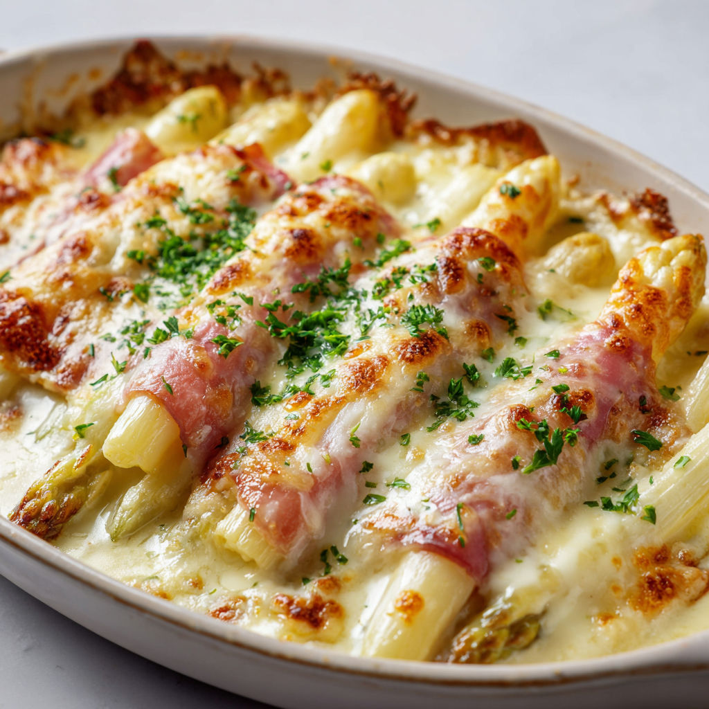 Gratin moelleux d’asperges enrobées de jambon nappées de sauce fromagère.