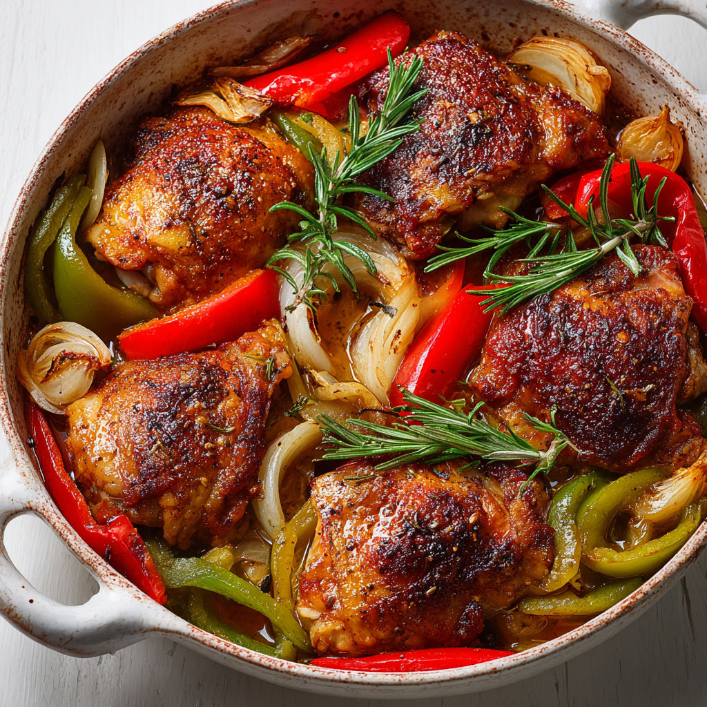 Plat de cuisson avec poulet et légumes dorés, accompagnés d'herbes.