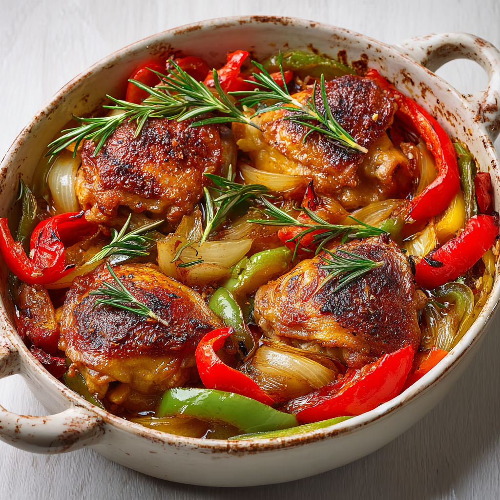 Poulet rôti au four avec légumes fondants tomates poivrons.