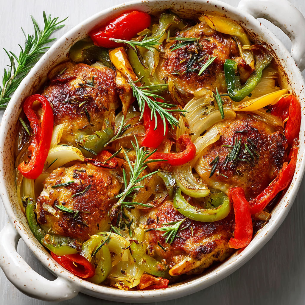 Cuisses de poulet bien dorées avec légumes du soleil et romarin.