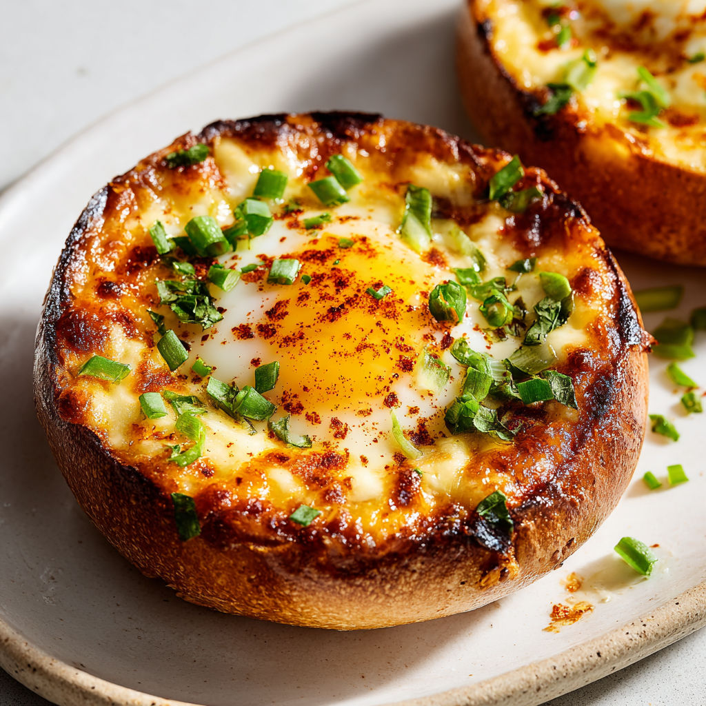 Bagel chaud avec œuf moelleux et cheddar gratiné.