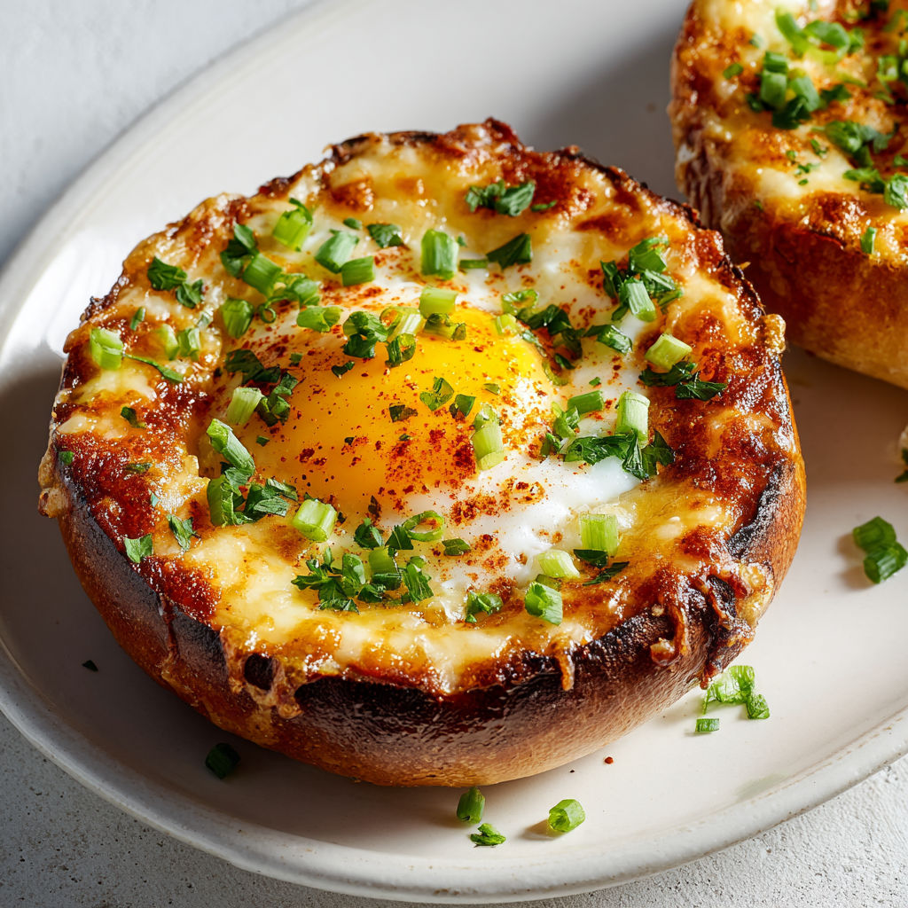 Bagel doré, cheddar fondu et œuf moelleux tout chaud du four.