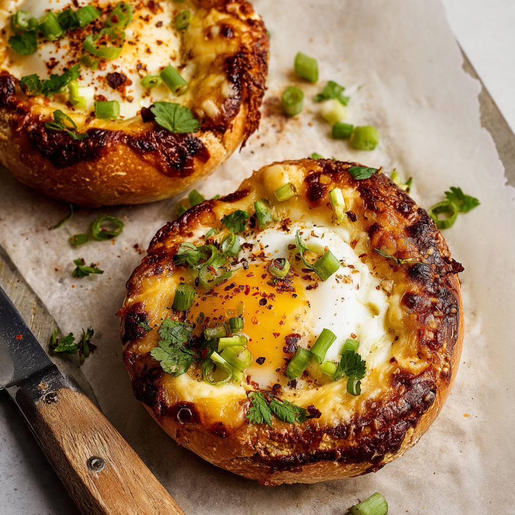 Bagel doré façon brunch, œuf sorti du four et cheddar coulant.