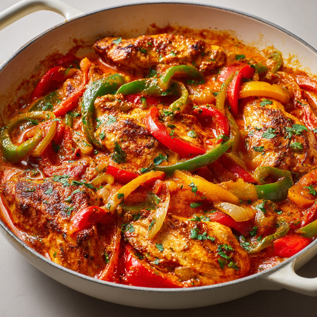 Une belle poêlée de poulet aux poivrons avec coulis de tomates, servie dans un plat en acier.