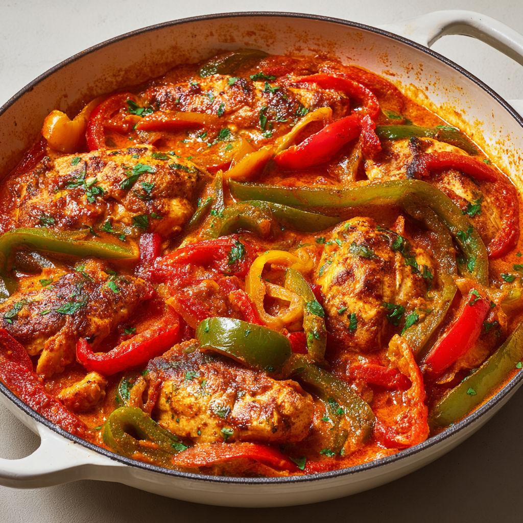 Poulet tendre avec poivrons fondants et coulis de tomate parfumé.