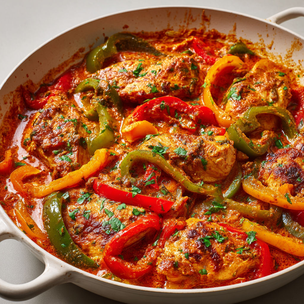 Poulet moelleux avec poivrons et sauce tomate légère.