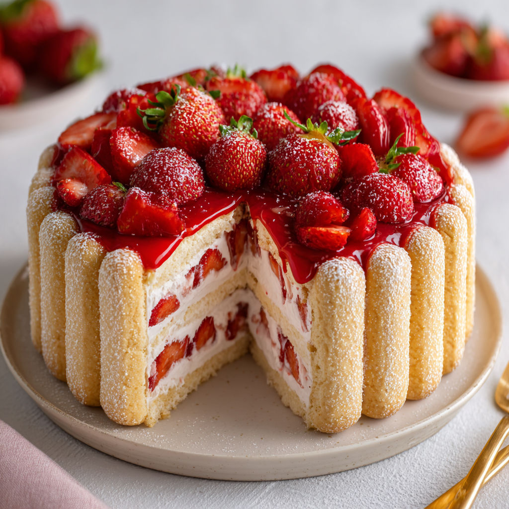 Charlotte moelleuse aux fraises et mascarpone sans cuisson servie sur un plateau.