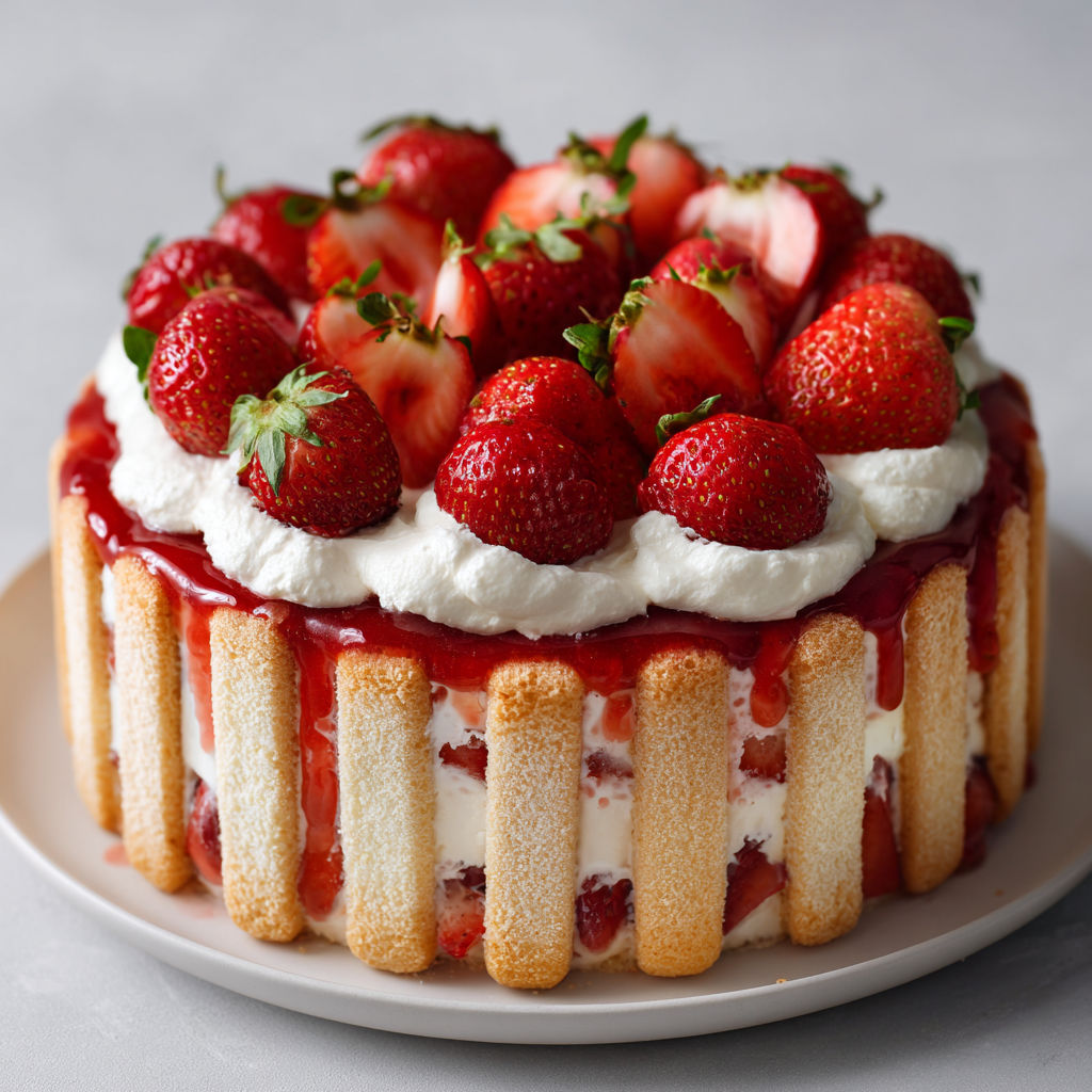 Charlotte ultra gourmande aux fraises, fraîche et sans cuisson avec crème mascarpone et biscuits moelleux.