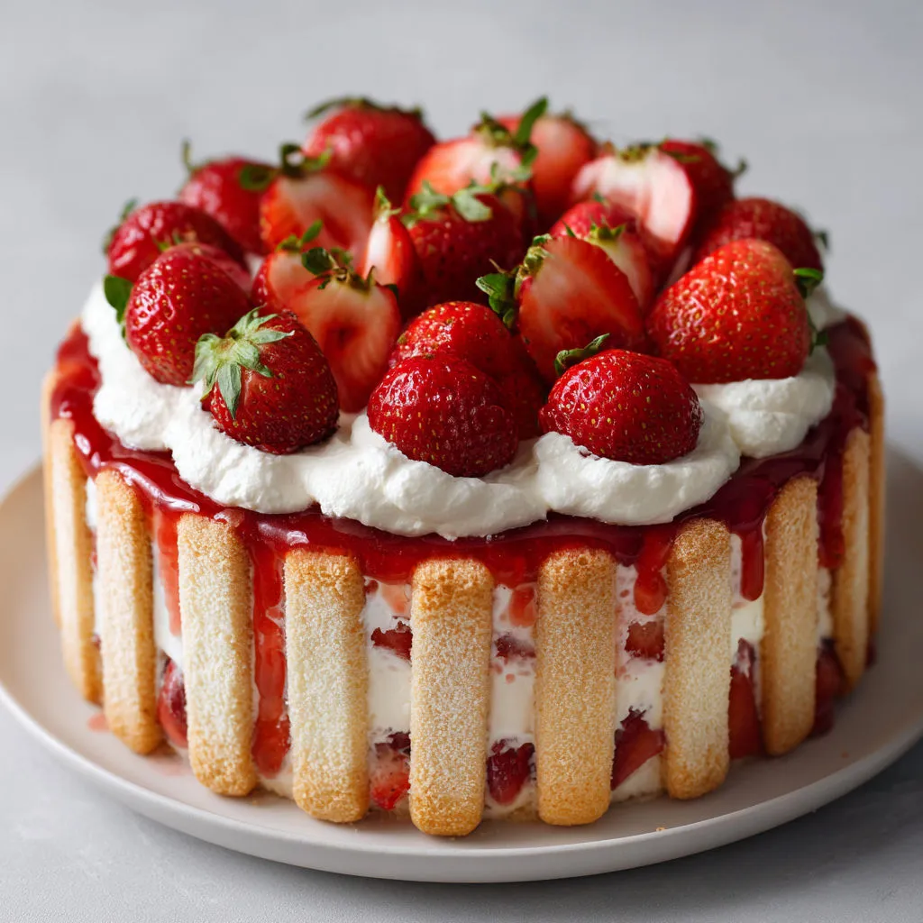 Charlotte ultra gourmande aux fraises, fraîche et sans cuisson avec crème mascarpone et biscuits moelleux.