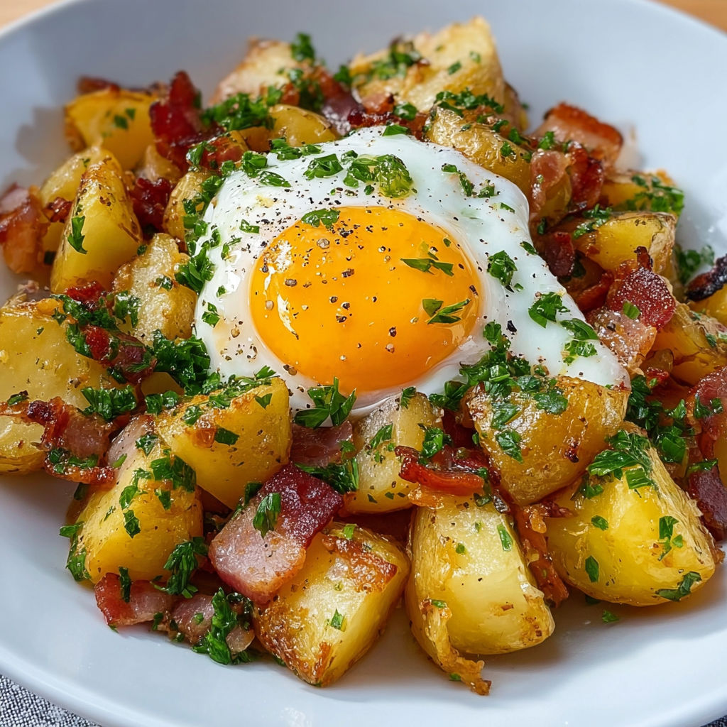 Une salade aux pommes de terre, œufs, herbes fraîches et lardons croustillants dans un bol.