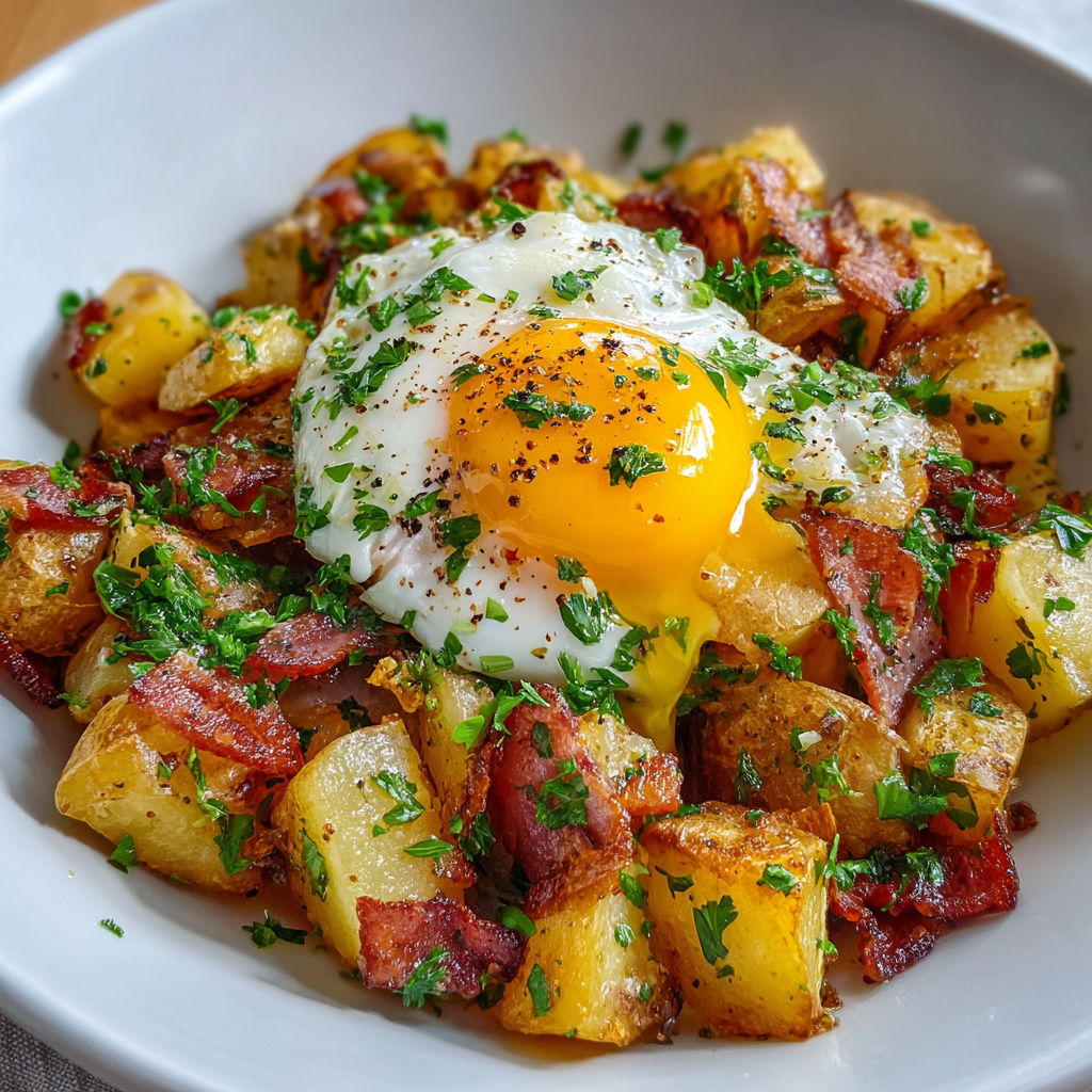 Salade rustique pommes de terre lardons œuf coulant.