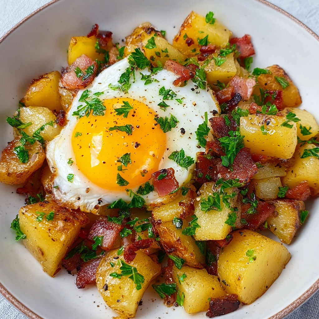 Salade copieuse lardons pommes de terre dorées persil frais.