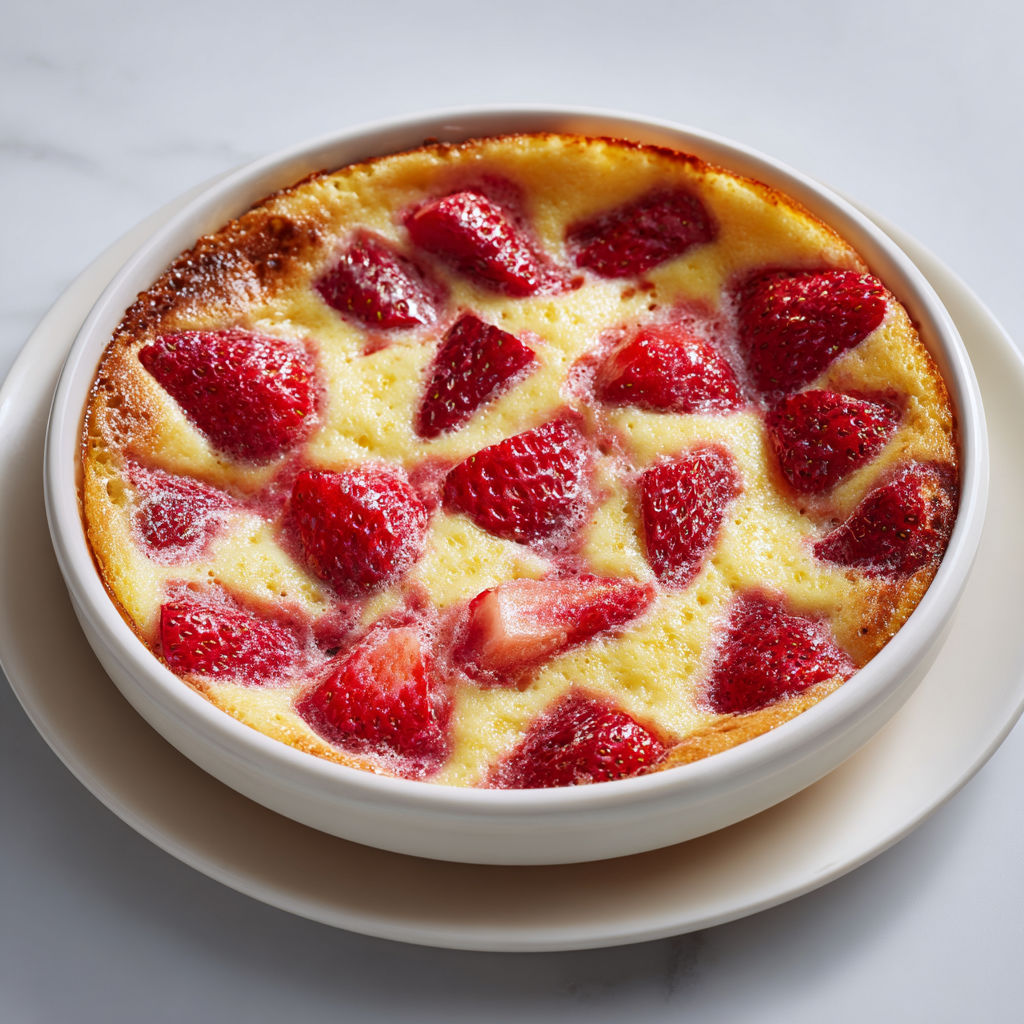 Gâteau aux fraises classique au lait entier et vanille, moelleux et doré avec fruits rouges.
