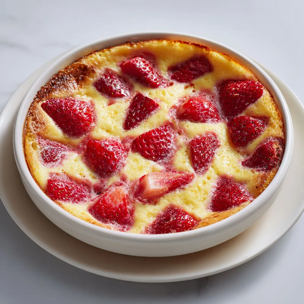 Gâteau aux fraises classique au lait entier et vanille, moelleux et doré avec fruits rouges.