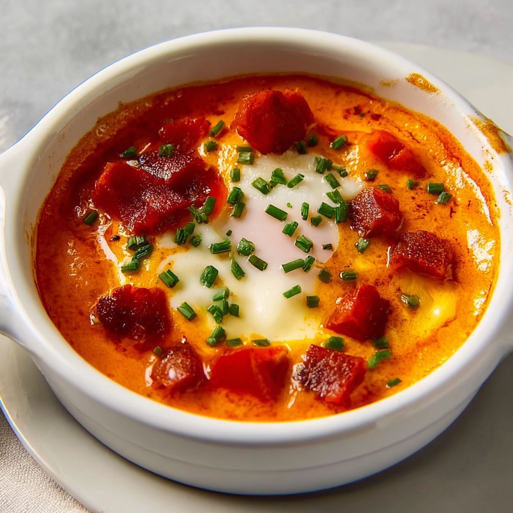 Œufs délicats à la crème de chorizo mixée, entrée réconfortante au goût unique et épicé.