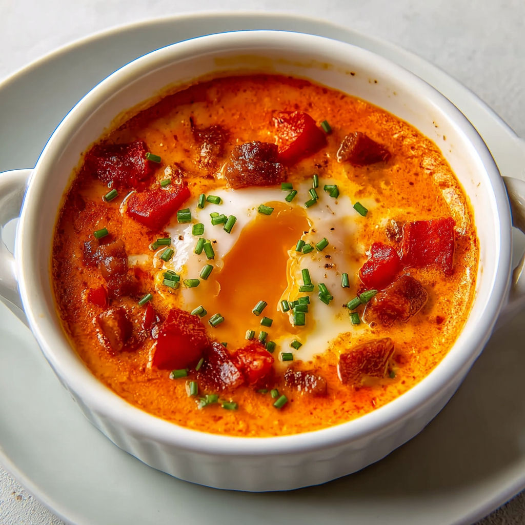 Oeufs mollets nappés de crème de chorizo crémeuse et douce, comme des tapas maison.