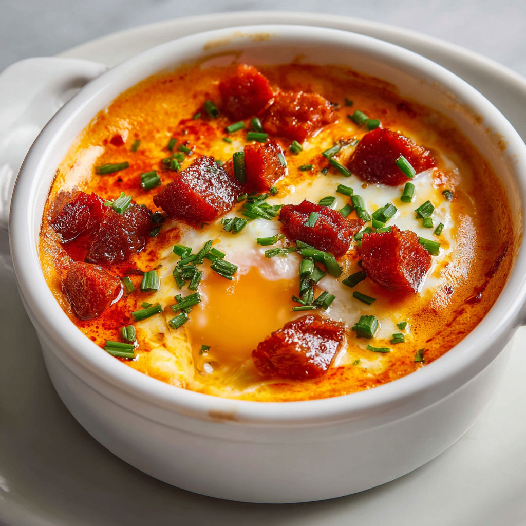 Œuf mollet en cocotte et crème de chorizo poivré, plat doux juste piquant aux couleurs espagnoles.