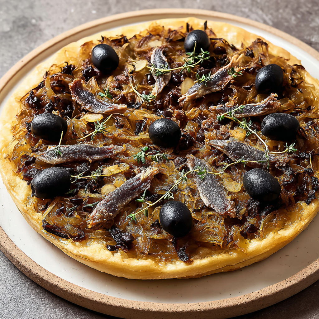 Tarte salée aux aubergines confites, oignons caramélisés et olives noires, spécialité méditerranéenne au thym.