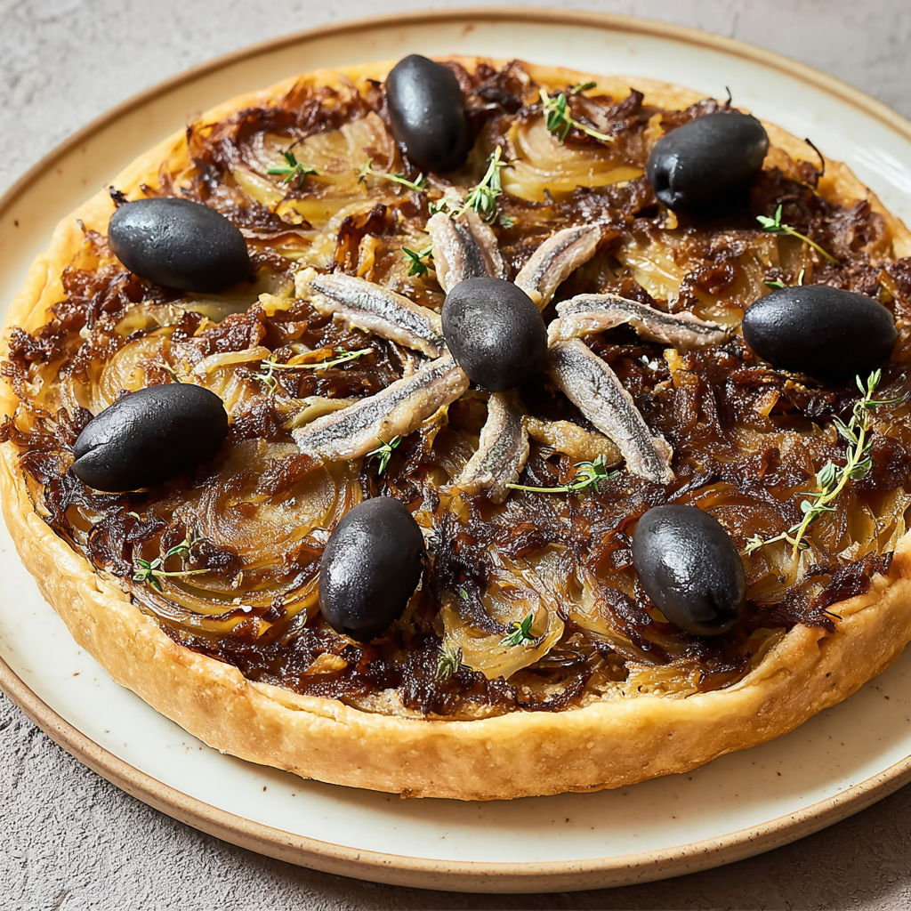Grande tarte maison avec aubergines rôties et oignons bien caramélisés, spécialité gourmande du Sud sur pâte moelleuse.