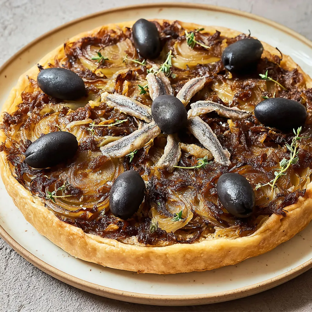 Grande tarte maison avec aubergines rôties et oignons bien caramélisés, spécialité gourmande du Sud sur pâte moelleuse.