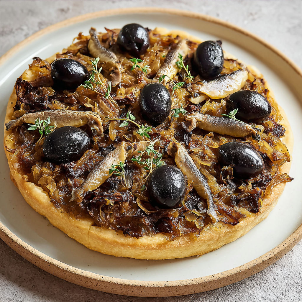 Tarte salée du sud twistée aux aubergines fondantes et oignons, olives et anchois, version moderne méditerranéenne.