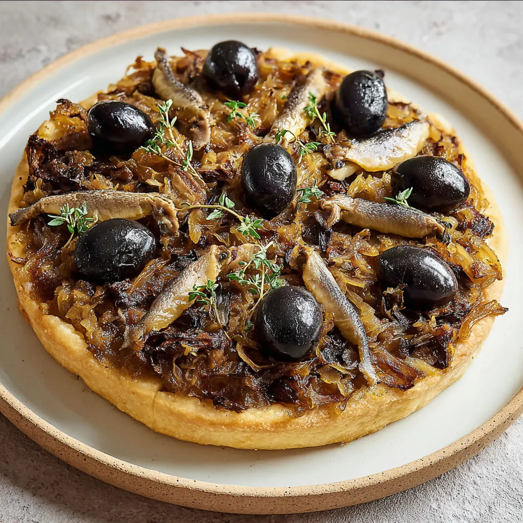 Tarte salée du sud twistée aux aubergines fondantes et oignons, olives et anchois, version moderne méditerranéenne.