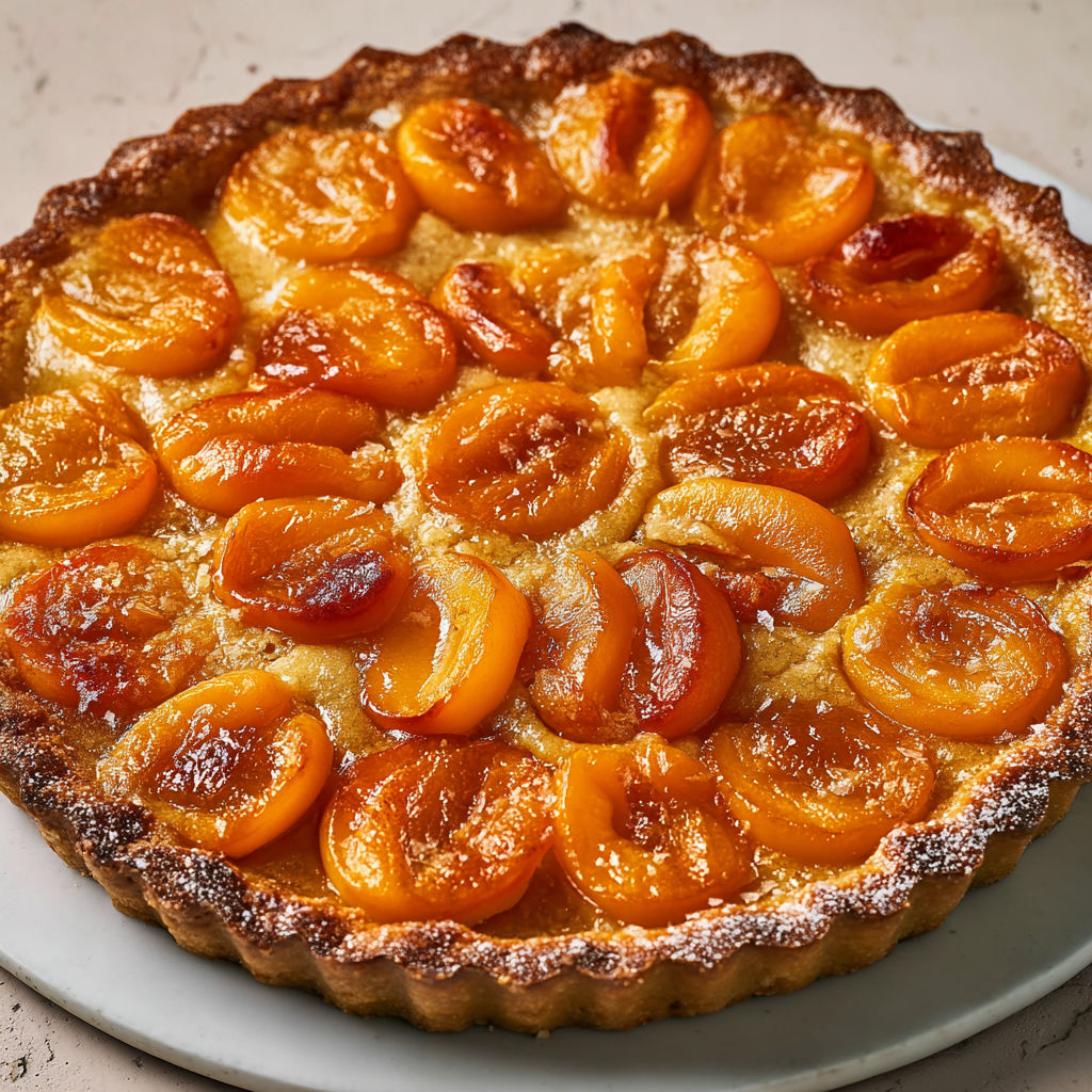 Tarte maison abricots et crème d’amandes, fondante avec une pâte sablée croquante.