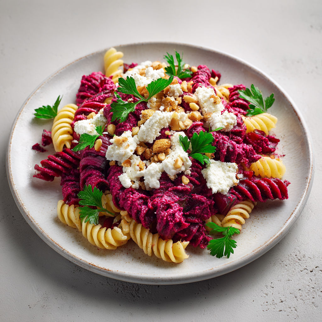 Plat de pâtes fraîches au pesto de betterave et feta sur un plateau élégant.