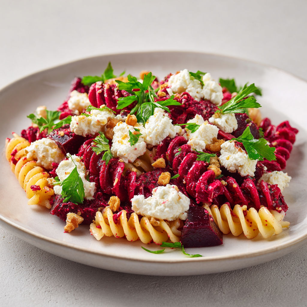Salade de pâtes pétillante au pesto de betterave avec feta, fusilli froids, parmesan et herbes fraîches.