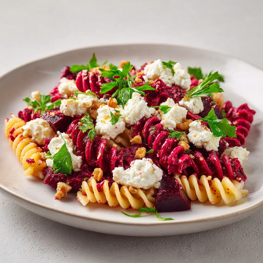 Salade de pâtes pétillante au pesto de betterave avec feta, fusilli froids, parmesan et herbes fraîches.