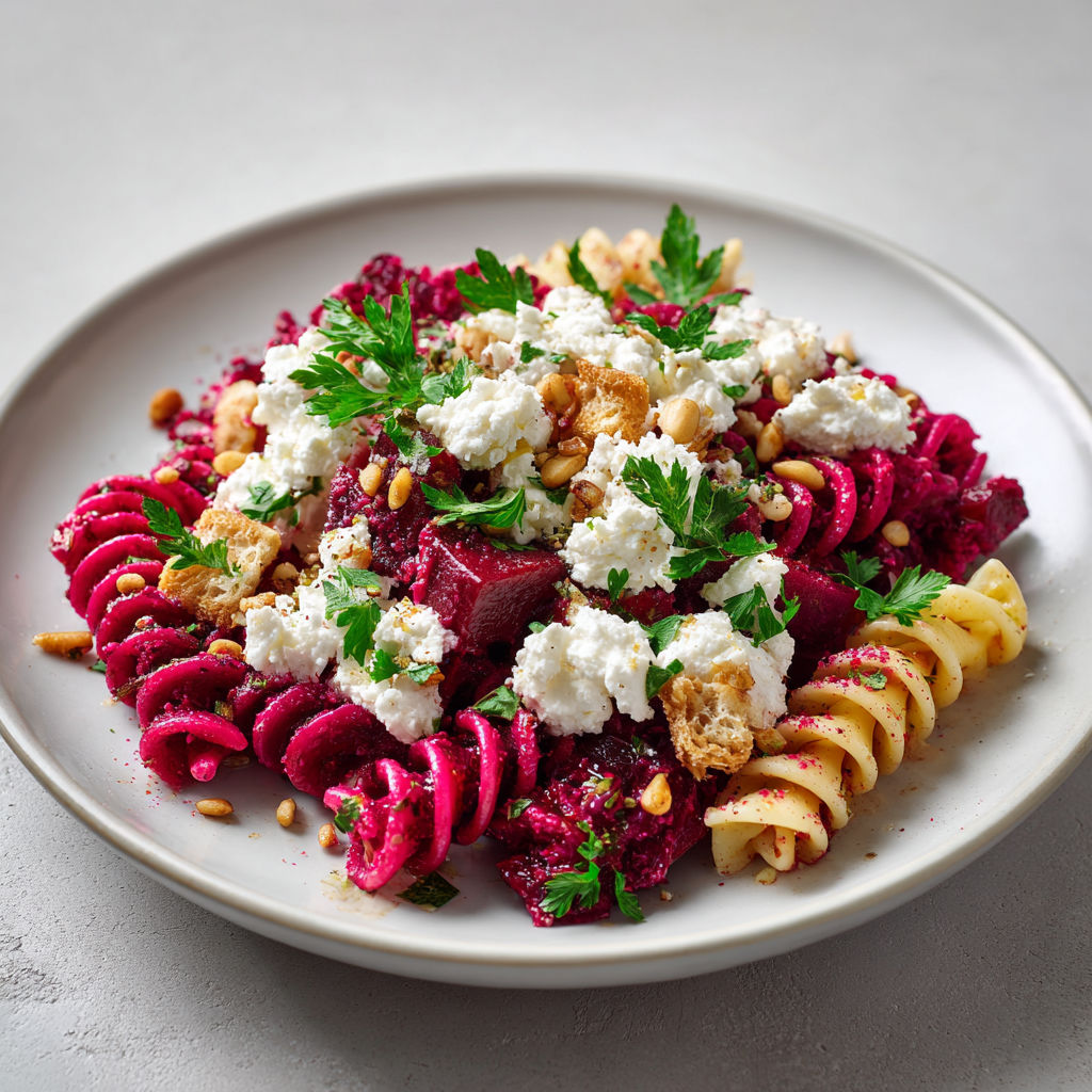 Fusilli avec pesto de betterave maison, salade froide savoureuse avec feta et pignons grillés.