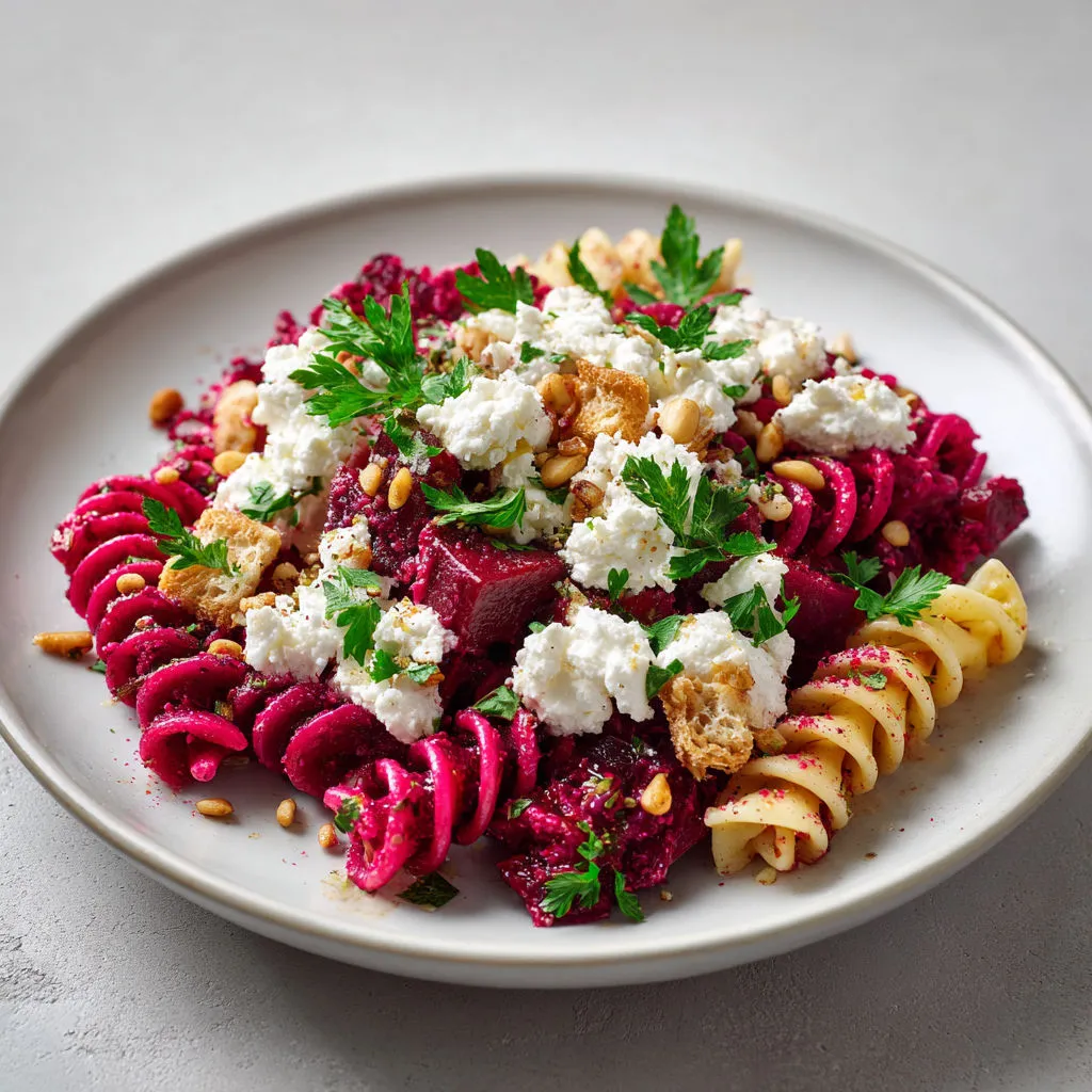 Fusilli avec pesto de betterave maison, salade froide savoureuse avec feta et pignons grillés.