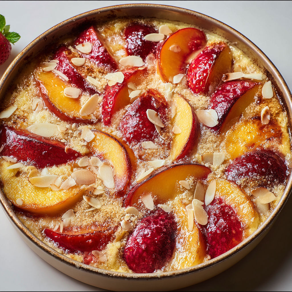 Dessert fruité estival gratiné, assemblé avec dragées croquantes et crème légère d’amandes.