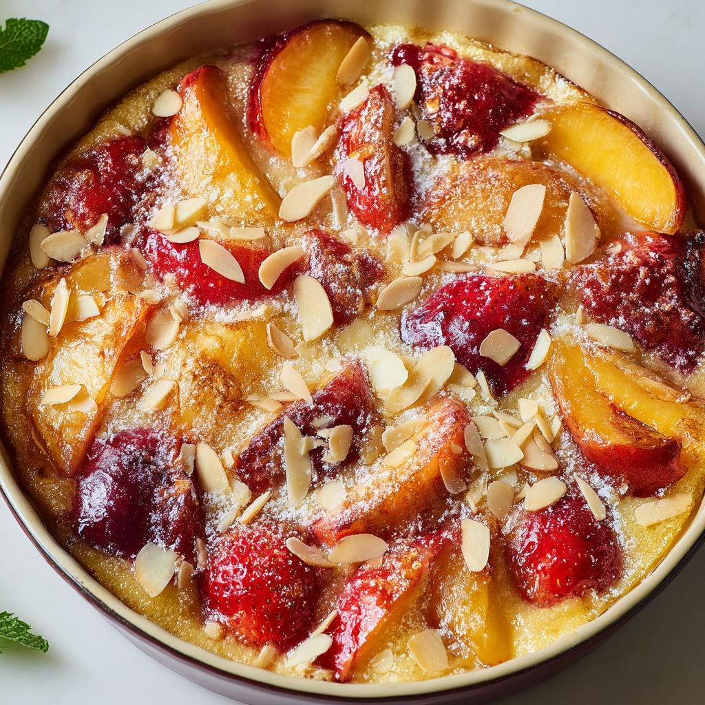 Gratin doré de fruits d’été, nectarines caramélisées et fraises fondantes façon crème d’amande et éclats croquants.