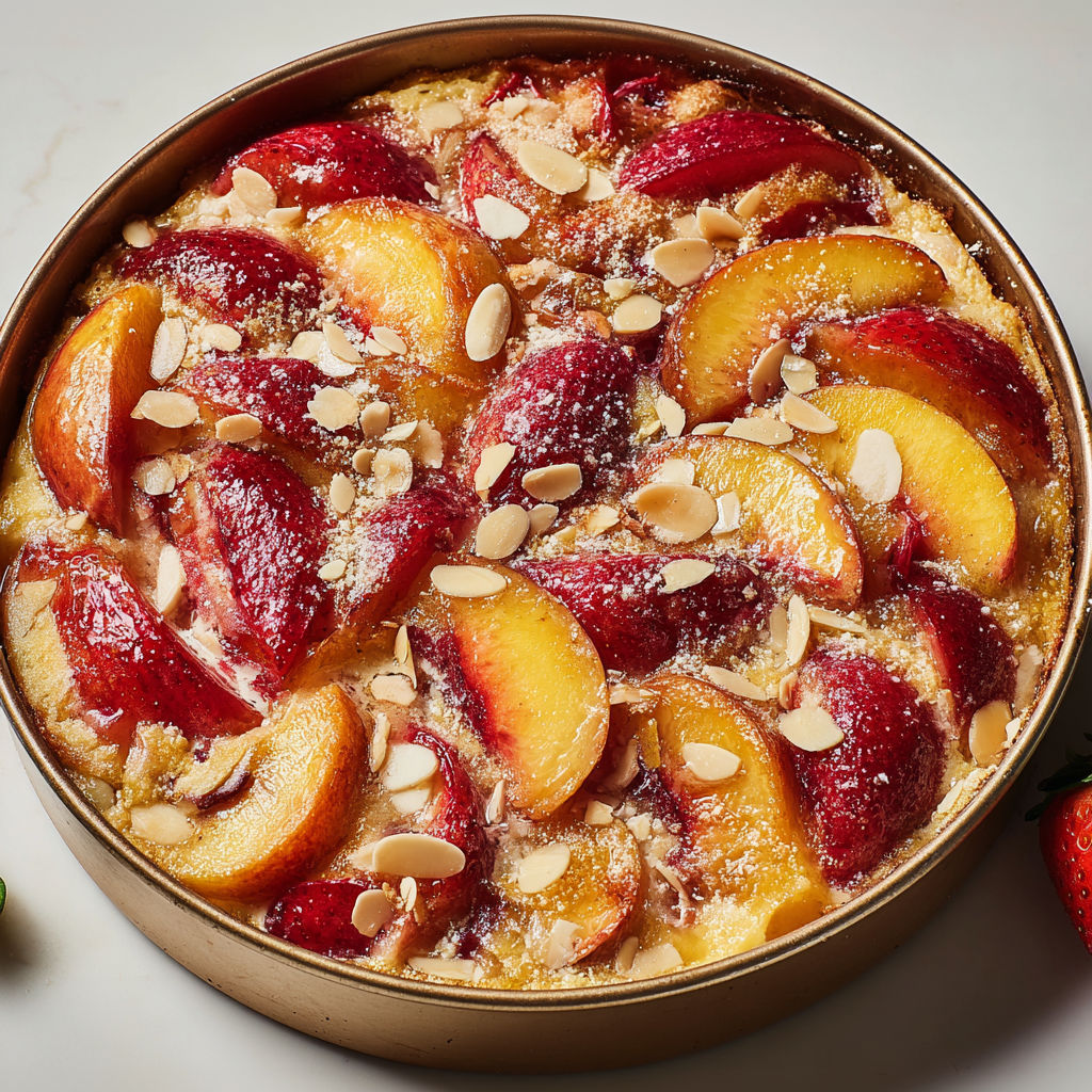 Délice d’été gratiné, fraises juteuses et nectarines dorées dans une crème d’amande avec morceaux de dragées croquants.