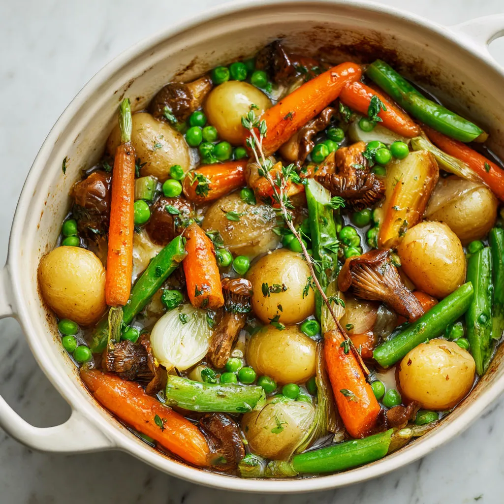 Poêlée de légumes français extra tendres au beurre, carottes nouvelles, asperges et girolles dorées.