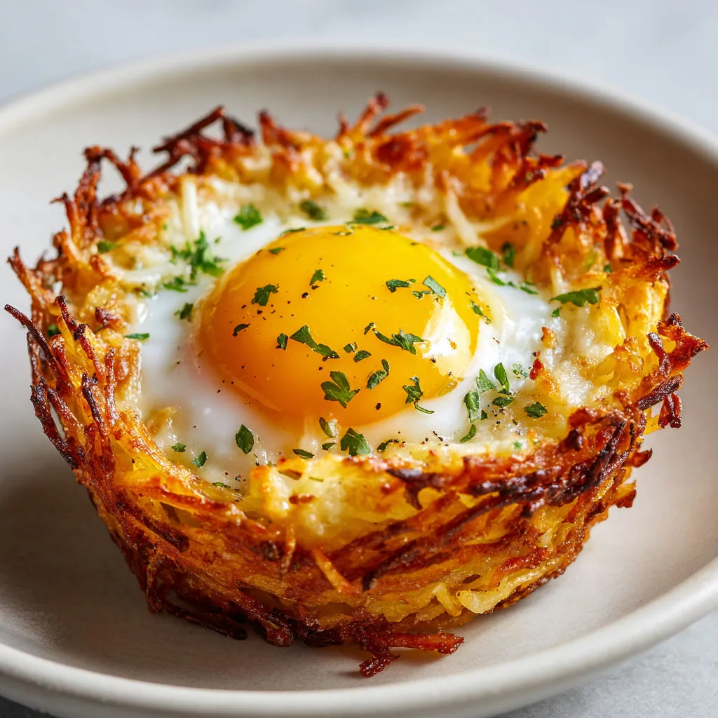 Petits nids de pommes de terre-charotte et œuf fondant au fromage, gratin doré à la sortie du four.