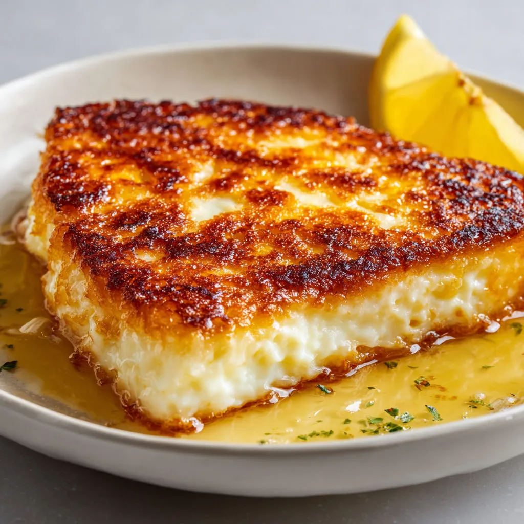 Fromage grillé façon saganaki dans une poêle, croustillant dehors, citron dessus.