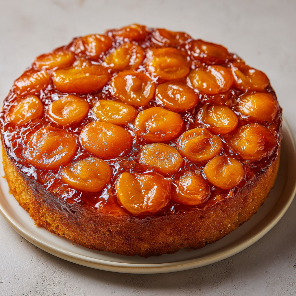 Un beau gâteau doré garni d'abricots sur un plat.