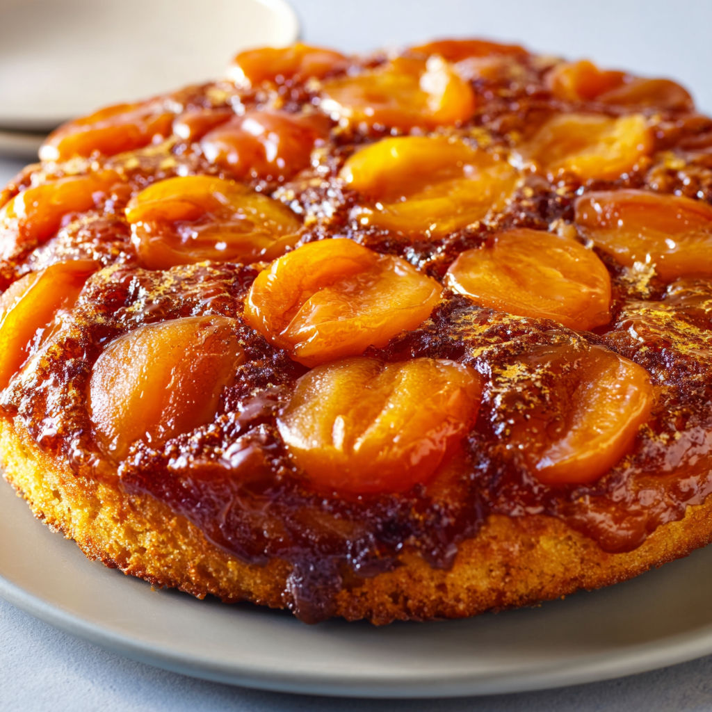 Dessert renversé abricots fondants et caramel, pâte toute douce beurrée.