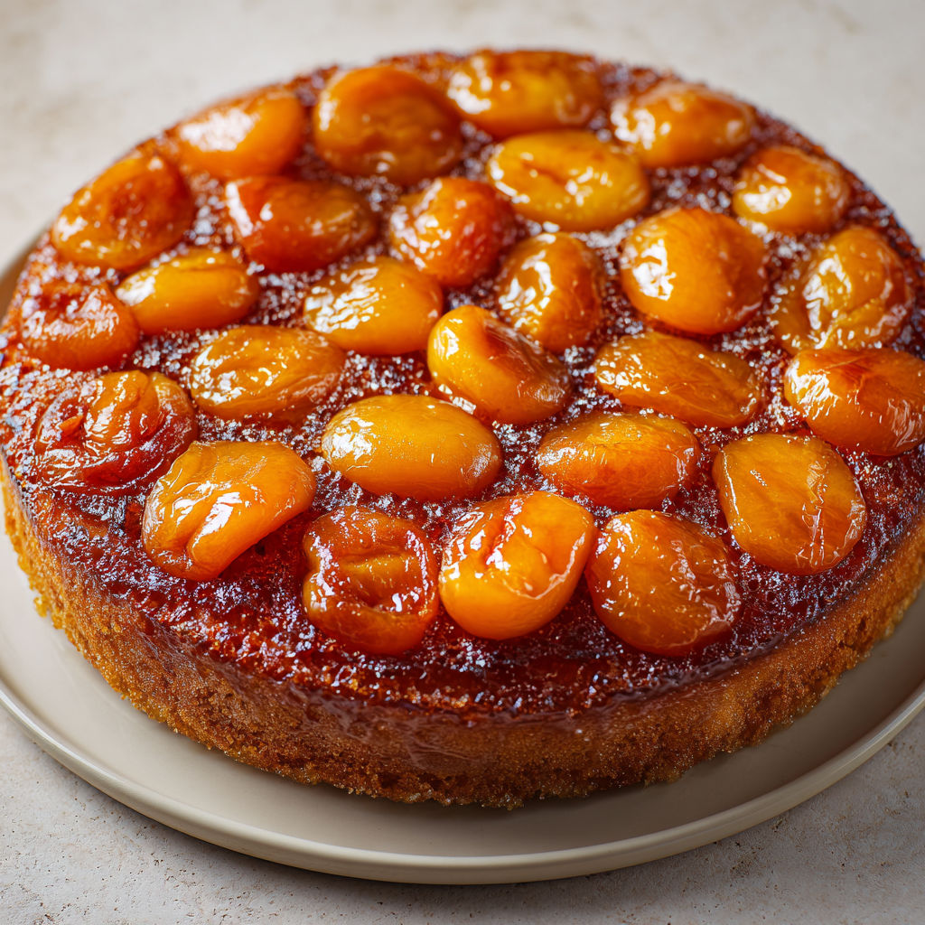 Gâteau abricot tout tendre nappé de caramel, renversé juste cuit.