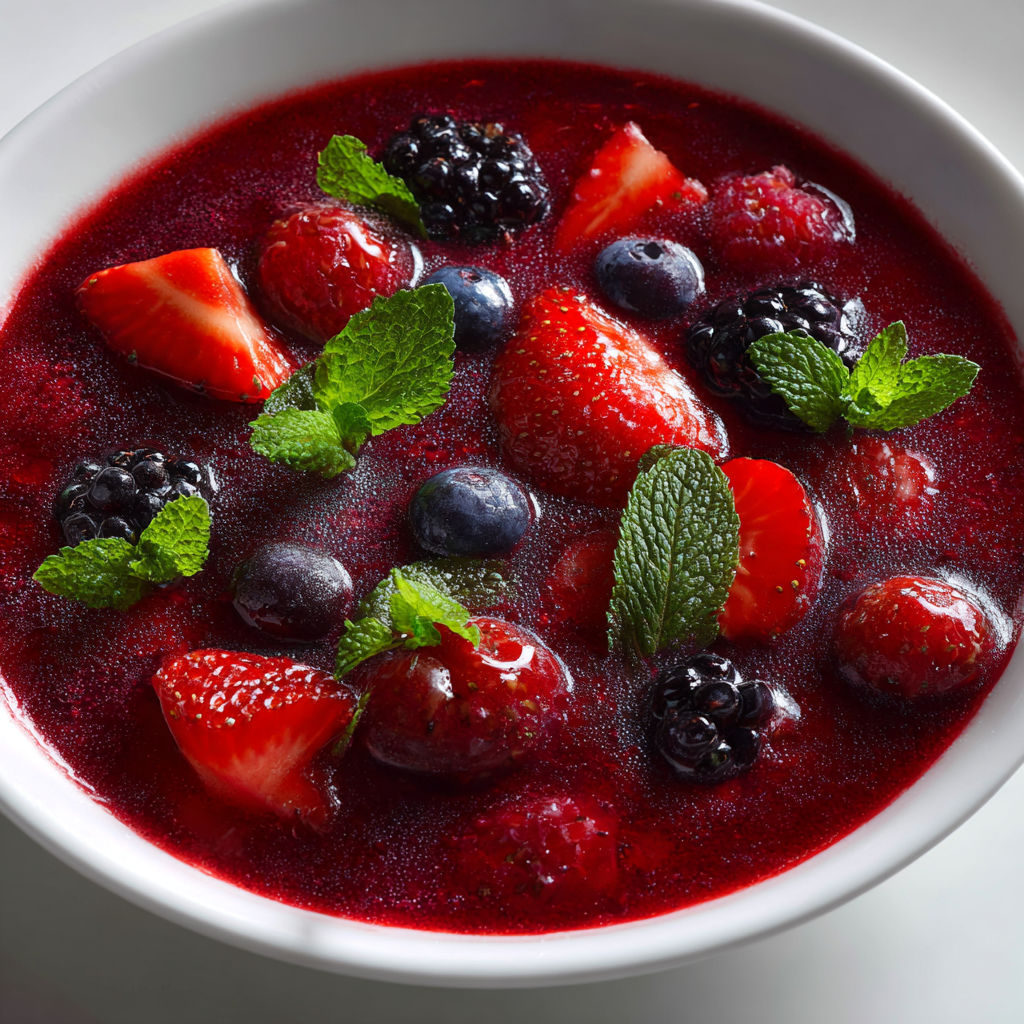 Bol de fruits rouges bien frais avec menthe et crème de cassis.