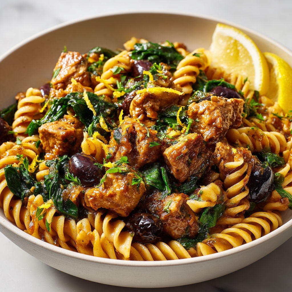 Pâtes copieuses avec porc mijoté, épinards frais et olives noires.