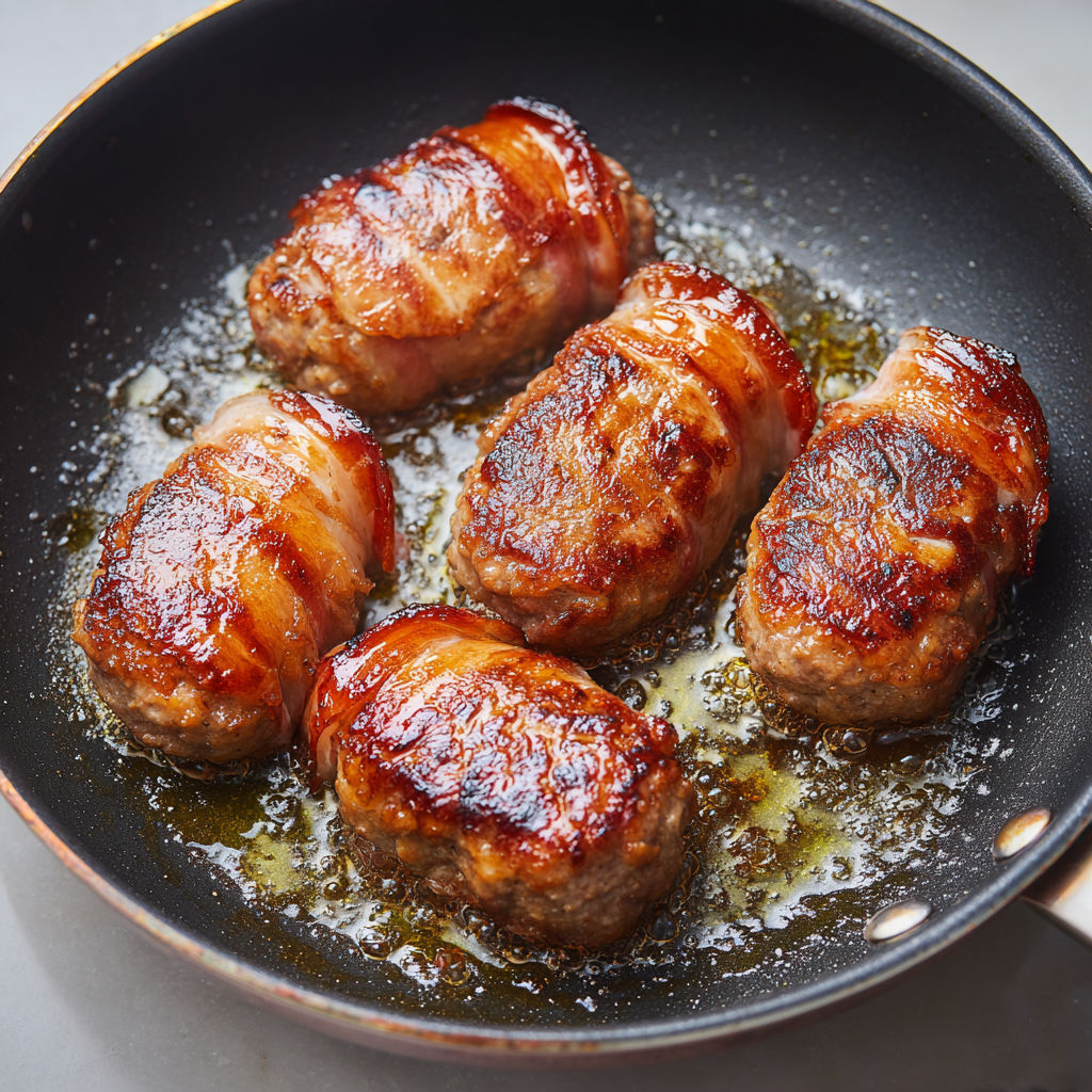 Crépinette de porc cuite à la poêle, un plat savoureux alliant croquant et tendreté.