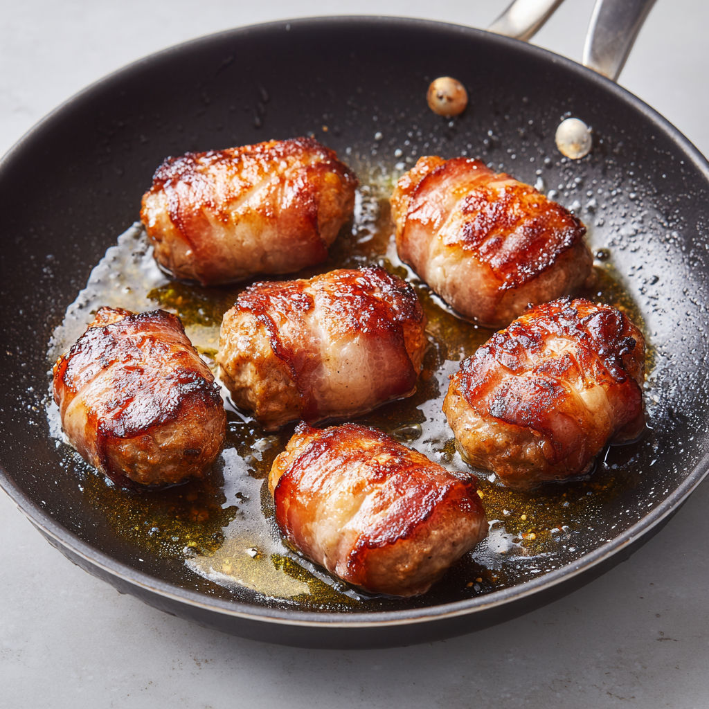 Crépinettes de porc à la poêle, entourées d’un beurre fondu doré avec une texture tendre.