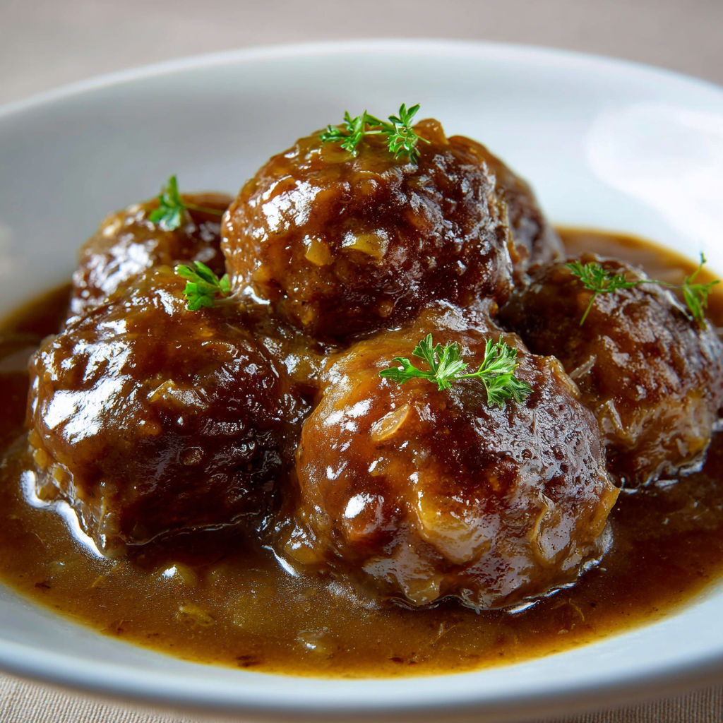 Plat de boulets sauce lapin à la liégeoise présenté sur un plateau.