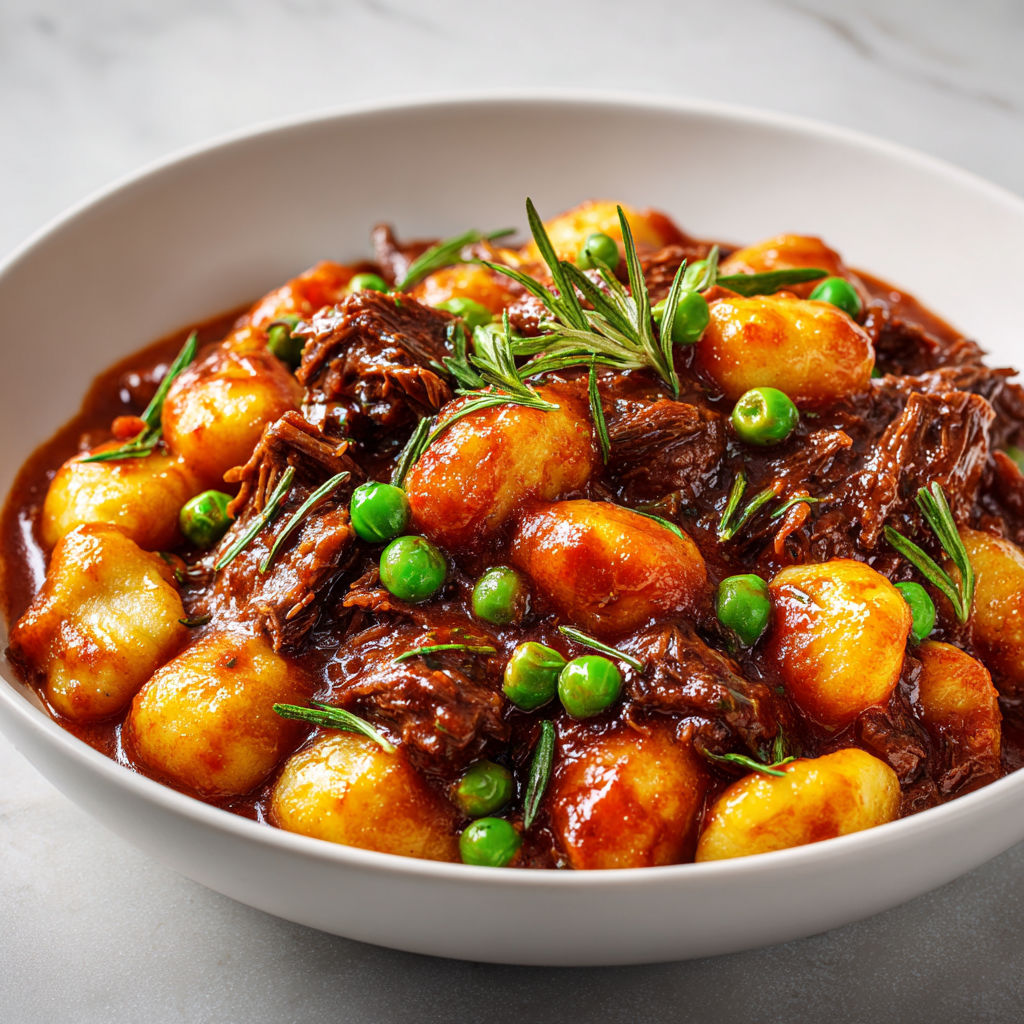 Plat gourmand de gnocchis tendres avec boeuf mijoté au romarin et parmesan.